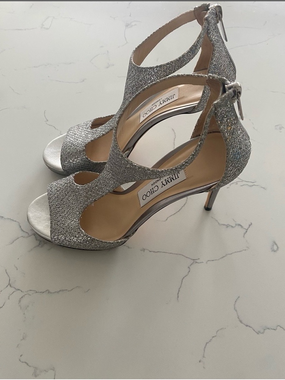 Jimmy Choo Silver Glitter Cutout Slingback Heels
